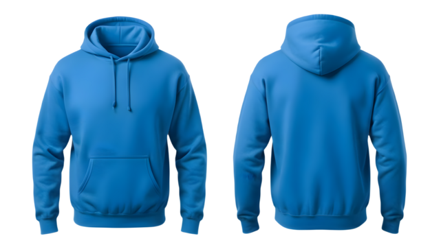 Blank blue hoodie mockup template front and back view isolated on transparent background standard apparel textile design