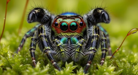 Stunning colorful iridescent jumping spider close up on bright green moss
