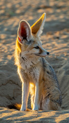 Fennec Fox Sitting in Desert Sand at Sunset