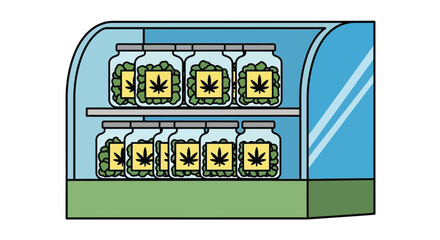 Marijuana dispensary showcase with cannabis jars for medical use sale