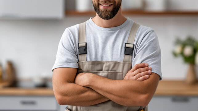 Confident faceless handyman with arms crossed wearing tool belt in kitchen setting, professional repair service posture, home maintenance expert, equipped tradesperson, modern resi