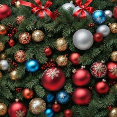 Christmas Ornaments and Pine Tree Background - Red, Gold, and Silver Baubles on Evergreen Branches