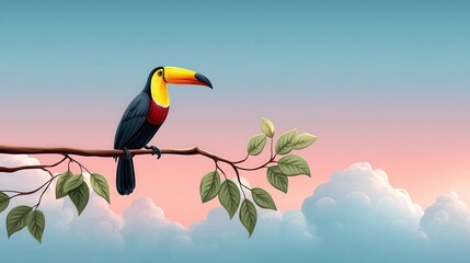 Obraz premium A colorful toucan perches on a branch against a pastel sky, surrounded by soft clouds and vibrant leaves.