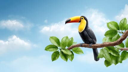 Obraz premium A colorful toucan perched on a branch amidst green leaves and a bright blue sky with fluffy clouds.