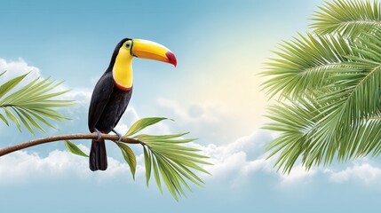 Obraz premium A vibrant toucan perched on a branch amidst lush palm leaves and a bright, cloudy sky.