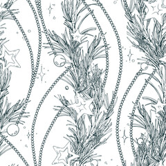 A seamless pattern of pine branches with stars and beaded floral garlands. This graphic line art illustration is hand-drawn with pen and ink in monochrome. Christmas, winter, and New Year s print.