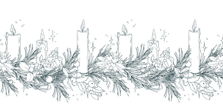 Seamless border pattern of pine branches with snowberries and candles. Floral garland. Graphic line art illustration hand-drawn with pen and ink in monochrome. Christmas, winter, New Year s decor.