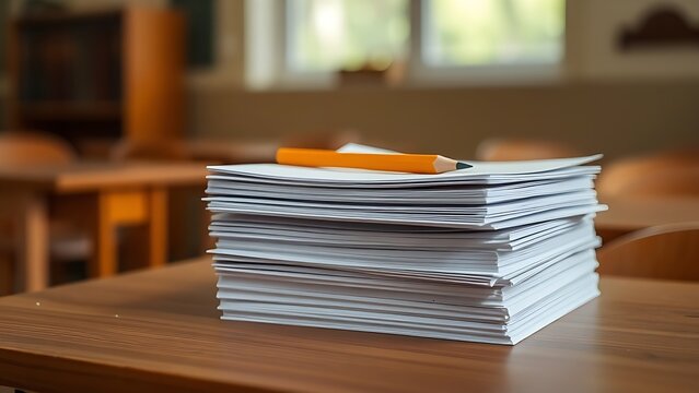 A stack of blank test papers on a wooden desk, symbolizing academic preparation and learning in a classroom.