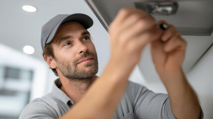 Faceless RV worker repairs overhead unit in modern travel trailer kitchen, mobile home maintenance, recreational vehicle service, compact living space repair, professional RV techn