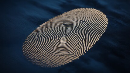Close up view of a golden fingerprint on a dark blue background showing intricate patterns and details