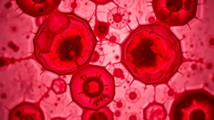 Microscopic deformed blood cells create ominous Rorschach patterns under deep crimson lighting.