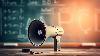 Vintage megaphone on wood with chalkboard background, evoking nostalgic school memories and classic communication.