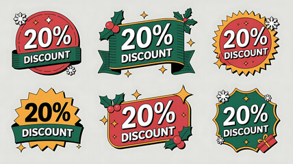 Illustration of six festive discount stickers with christmas themed decorations and text
