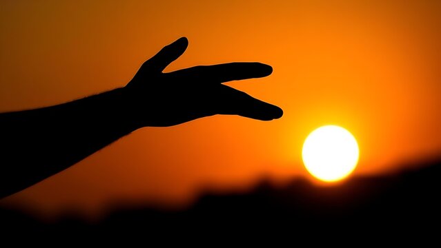 A lone figure reaches toward a radiant sunset, creating a striking contrast between darkness and light.