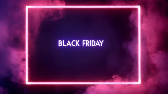 Holiday shopping season. Retail business promotion concept. A neonlit frame set against a backdrop of swirling, smoky clouds in shades of purple and blue. The frame is a bright pink.