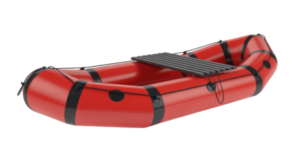 Red inflatable raft with black bands and slatted wooden seat, perfect for water sports, fishing, or river adventures. Studio shot. background removed