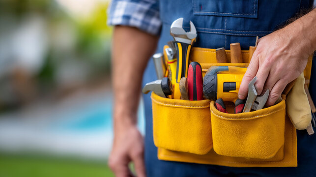 Faceless handyman with comprehensive tool collection, professional repair equipment display, home service worker preparation, maintenance supplies, construction tools assortment, d