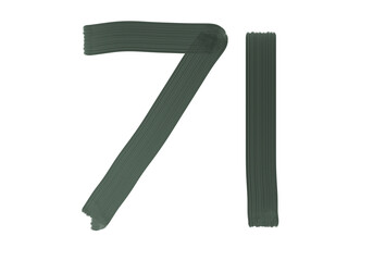 Number Seventy-one, 71 made with Plaster Rake Brush on transparent background, Digit, Black color, Dark-green color, isolated background, Illustration, Typography, Handmade, Set 0-100