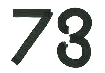 Number Seventy-three, 73 made with Plaster Rake Brush on transparent background, Digit, Black color, Dark-green color, isolated background, Illustration, Typography, Handmade, Set 0-100