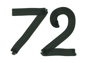 Number Seventy-two, 72 made with Plaster Rake Brush on transparent background, Digit, Black color, Dark-green color, isolated background, Illustration, Typography, Handmade, Set 0-100