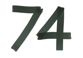 Number Seventy-four, 74 made with Plaster Rake Brush on transparent background, Digit, Black color, Dark-green color, isolated background, Illustration, Typography, Handmade, Set 0-100