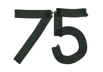 Number Seventy-five, 75 made with Plaster Rake Brush on transparent background, Digit, Black color, Dark-green color, isolated background, Illustration, Typography, Handmade, Set 0-100