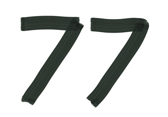 Number Seventy-seven, 77 made with Plaster Rake Brush on transparent background, Digit, Black color, Dark-green color, isolated background, Illustration, Typography, Handmade, Set 0-100