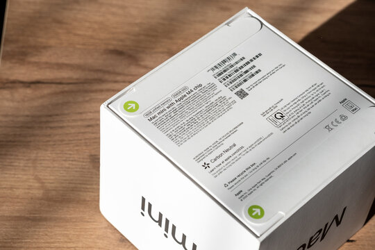 February 24, 2025, Moscow, Russia. New Mac mini M4 desktop computer in branded Apple packaging