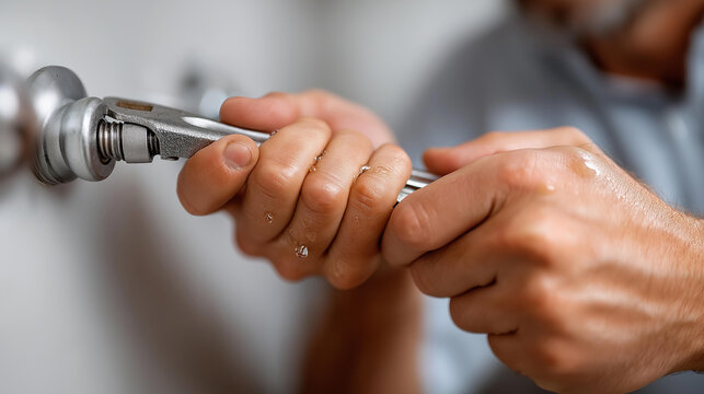 Closeup of faceless plumber tightening metal fittings on water pipes with wrench, glistening moisture after recent work, plumbing services and maintenance, professional repair deta - Powered by Adobe