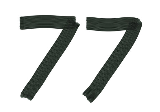 Number Seventy-seven, 77 made with Plaster Rake Brush on transparent background, Digit, Black color, Dark-green color, isolated background, Illustration, Typography, Handmade, Set 0-100