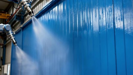Closeup of robotic nozzles spraying uniform layers on warehouse walls demonstrating cuttingedge technology in industrial painting.