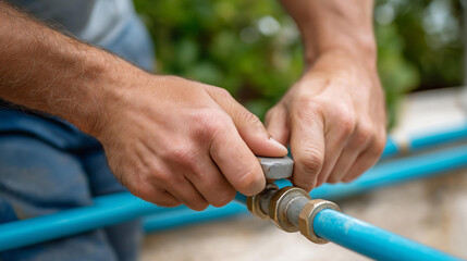 Faceless hands repairing well pump mechanism with wrench surrounded by blue tubing, plumbing maintenance and home repair services, water system work, professional fixture repair, d