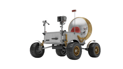 A detailed 3D render of a futuristic silver and gold exploration rover with rugged wheels, camera, and habitat module on a transparent background. background removed