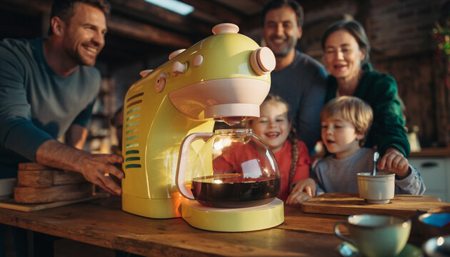 Happy family watching coffee brewing in a vibrant kitchen. Warm, inviting, and perfect for illustrating mornings, home life, or togetherness. Lifestyle  Family.