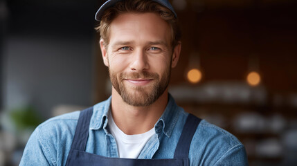 Faceless proud and smiling plumber portrait, professional handyman ready for service calls, equipped tradesperson, home repair specialist, confident maintenance worker, defocused f