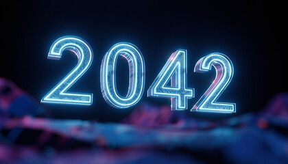 Futuristic 2042. Neon digital artwork with glowing date floating above a stylized terrain. Symbolizes future tech, progress, or new year concepts.