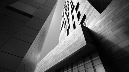 Innovative architectural design featuring modern geometric shapes and interplay of light and shadow in black and white