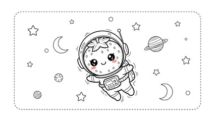 Strawberry Astronaut: A charming strawberry character, dressed as an astronaut, floats weightlessly among the stars and planets, a whimsical fusion of nature and space exploration. 