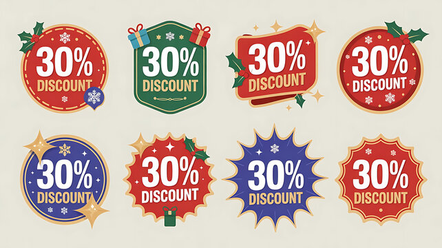 Collection of christmas themed thirty percent discount stickers in various shapes and colors