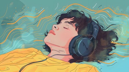 A Peaceful Cartoon Drawing of a Girl Sleeping While Listening to Calming Audio
