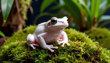 Albino Frog on Moss with Closeup, Exotic Wildlife, and Green Background.