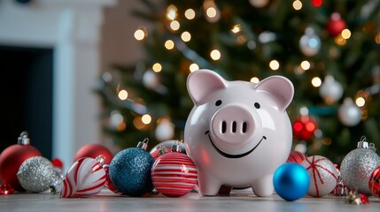 A Piggy Bank Adorned in Festive Decorations, Surrounded by Lovely Holiday Ornaments and Glimmering Lights