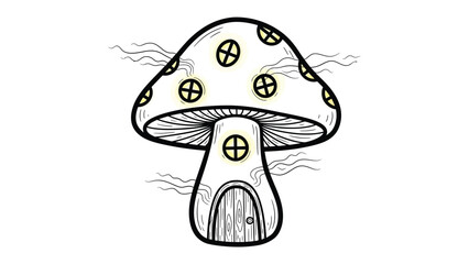Enchanted Mushroom House: A whimsical illustration of a charming mushroom house, complete with a cozy doorway and windows, set against a clean, simple background.
