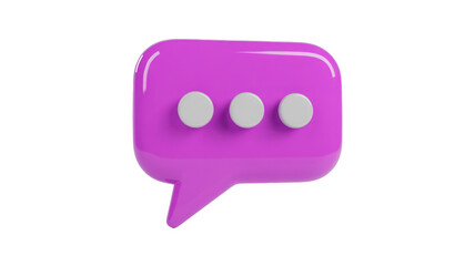 Glossy 3D purple chat bubble with three white dots, signifying typing. Ideal for digital communication, messages, and social media interfaces. background removed