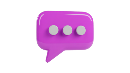 Glossy 3D purple chat bubble with three white dots, signifying typing. Ideal for digital communication, messages, and social media interfaces. background removed