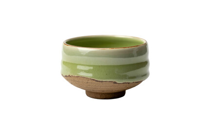 A beautifully handcrafted ceramic matcha bowl featuring varying shades of green crackled glaze and a rustic brown textured base. background removed