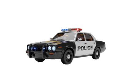 A classic black and white police car with flashing emergency lights and a front push bar, ready for duty. background removed