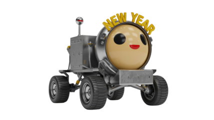A cheerful 3D robot rover with a smiling face wishes "NEW YEAR". This cute metallic character is perfect for holiday greetings. background removed
