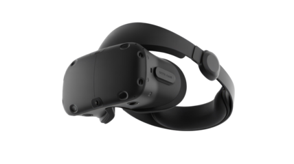 Black virtual reality headset with integrated audio and comfortable head strap, ready for immersive digital experiences. background removed