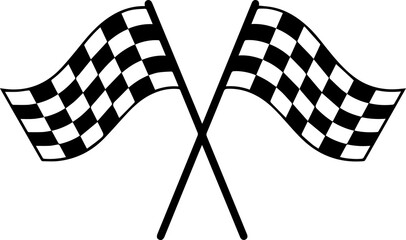 Two crossed black and white checkered finish line flags waving against a plain, symbolizing the end of a race or competition